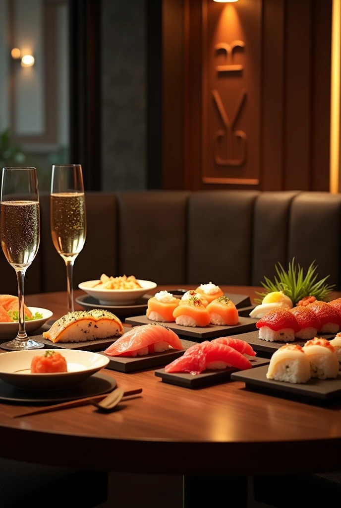 (photorealism: 1.2), several sushi dishes arranged on the table with glasses of champagne in a fancy restaurant with dim lighting