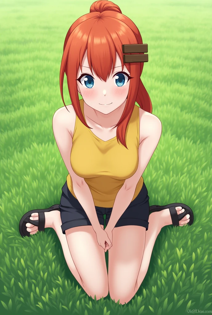 KUSHINA UZUMAKI œuvre haute qualité,1, seulement, visage expressif et bien détaillé. Cheveux BRAIN SANS REPOUSSES, frange balayée, pince à cheveux EN BOIS, parfait yeux bleu, cheveux long ,queue de cheval ,serrures latérales, T-shirt jaune foncé sans manche ,pantalon court noire foncée, chaussure SANS orteils NOIRES, 1fille TEINT CLAIR légèrement pale, seulement, face au spectateur, regarder le spectateur, sourire, rougissement léger. elle se trouve dans une plaine végétale meilleure qualité.