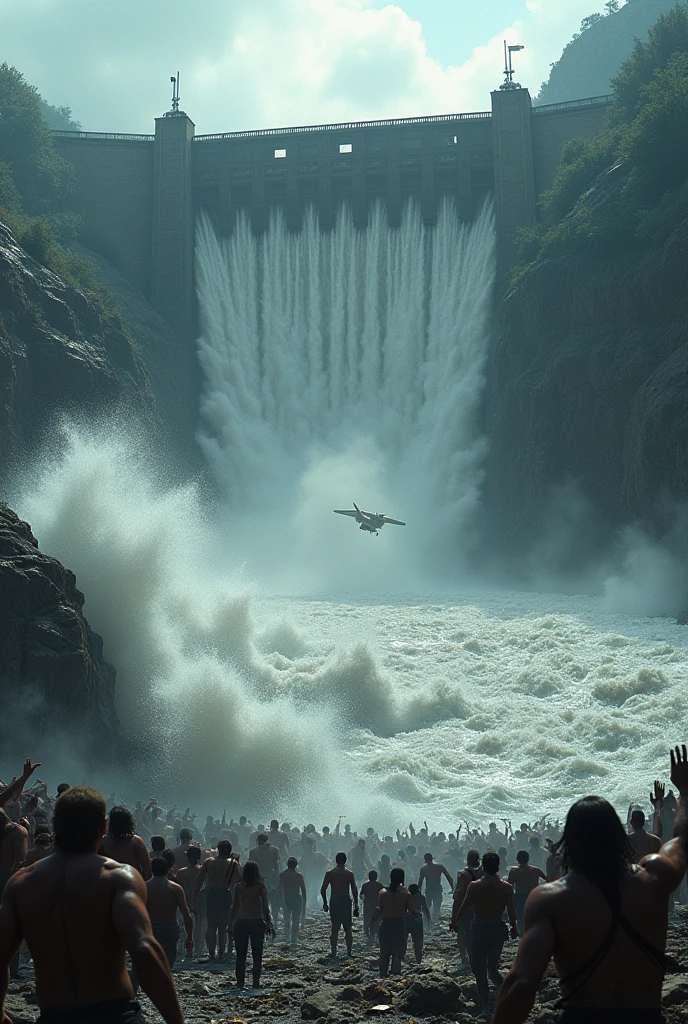 Water from the dam is falling on people and many people are dying