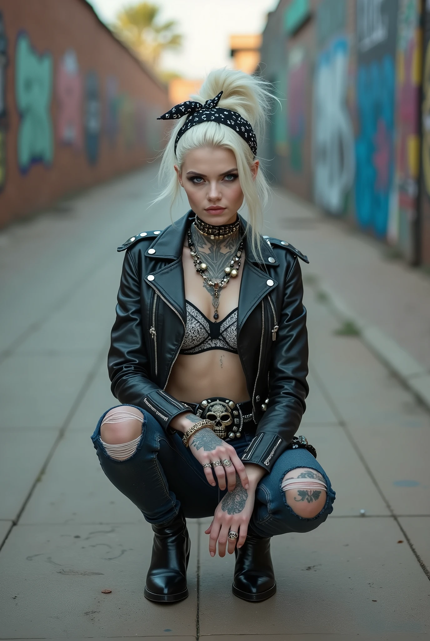 russian old milf woman, platinum blonde hair (top bun) and black parsleybandana as headband, with very light blue eyes, extremely pale. Wearing studded cropped black moto jacket (with lots of zippers and pins),  black and white lace push up bra , dark skinny blue jeans with holes on knees and pointy black Chelsea boots with cuban heels  . Studded Choker. Lots of metallic and studded bracelets and long collars. Tacky wide studded leather belt with oversized skull and bones buckle. Long earrings. Squatting, looking at the camera, humble facial expression. Hands on her knees,   Listening in amazement to somebody speaking to her, toned six pack abdominals, thin neck, slim legs and thin arms. Tattoed chest, belly, neck, hands and knees.  Graffitied brick wall in Nairobi 