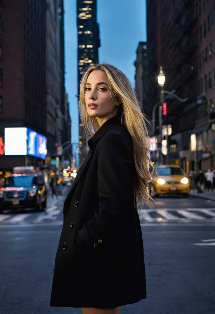 "Créez une image réaliste d'une jeune femme d'environ 1m60 avec de longs cheveux brun-blond. Elle se tient au loin dans une rue bordée de bâtiments de style new-yorkais, sous le ciel nocturne. Elle est face à nous, mais regarde le sol, avec une posture élégante qui met en valeur sa silhouette fine et ses formes généreuses. Elle est habillée de manière classe, dans une tenue chic et moderne. L'éclairage de la rue et des bâtiments autour crée une ambiance urbaine sophistiquée."