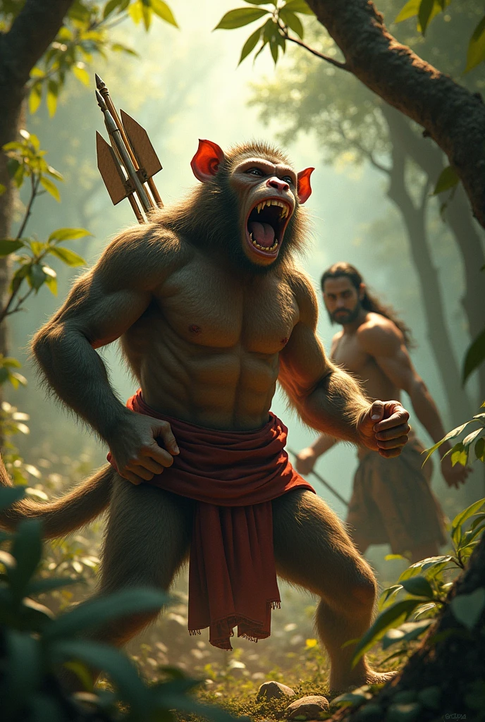 Bali Struck by the Arrow:** Bali is hit by the arrow in his chest, his expression a mix of surprise and pain. Hanuman stands in the background, realizing Ram’s intervention.