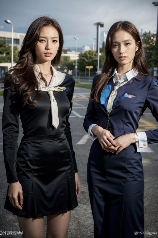 highest quality，ridiculous，Dramatic，2 Arav ladies wearing realistic school uniforms，2 female students，Very detailed details of the face，Real skin texture，HD Skin，Night view，Standing in the school square, Still image of 007, Pageant rendering, model, Luxury, Shoulders visible, Network mode, Still frame from movie - ar 16:9 