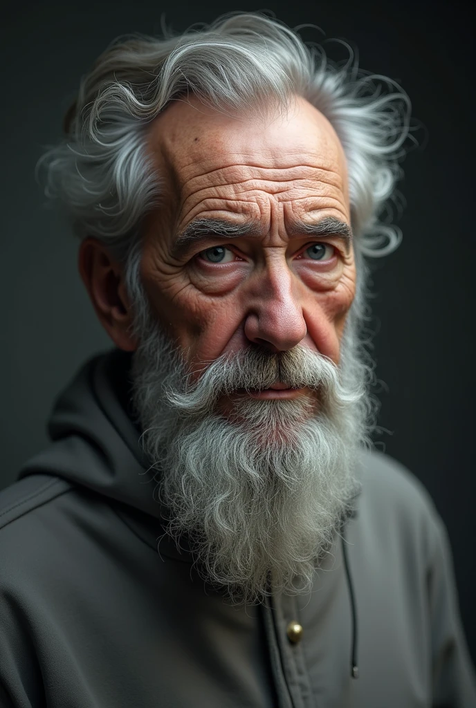 old man, grey hair, grey top, three day beard 