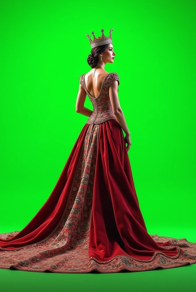 crown on the head ,A queen , colour queen dress, Rear full viewed , full size view 
, plain green screen background 