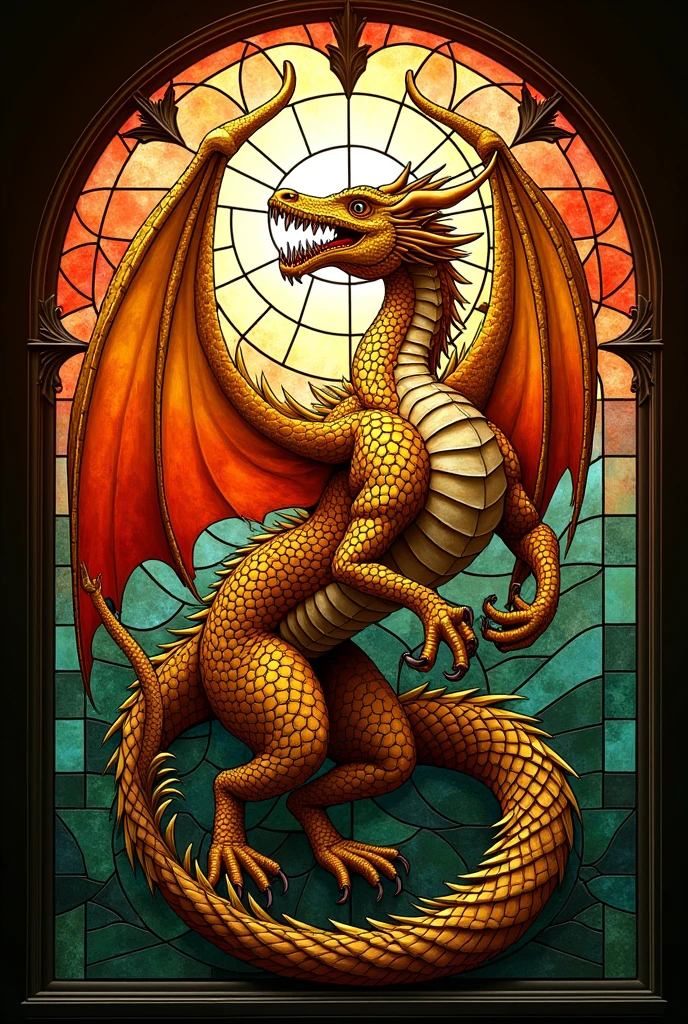 A stained glass dragon window
