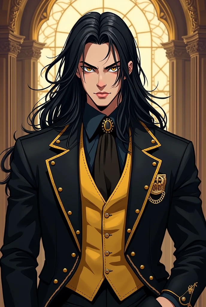Create a comic and anime style image of my character: It&#39;s called Dahak, lives on earth. stomach 1.97, Her hair is black, long to the sternum and wavy.. Her skin is white with pink undertones.. His eyes are golden and his pupils are slanted. He is 2. His body type is inverted triangle. (shoulders wider than hips), Your somatotype is mesomorphic, He is muscular and strong. has a serious expression. He is dressed in an elegant black suit with gold details., and a yellow vest. His jacket has a gold chain clasp.. It has no horns or wings.. He has black leather gloves on his hands.. She has bushy eyebrows and thick, beautiful eyelashes.. He is very handsome. And it&#39;s in his 1800&#39;s Victorian style mansion. He looks handsome. And his features are masculine but soft..