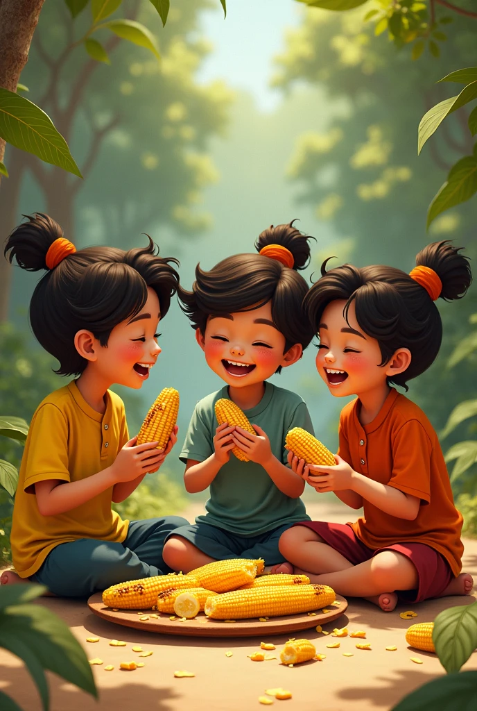 Three Noore twins eating grilled corn on the ground