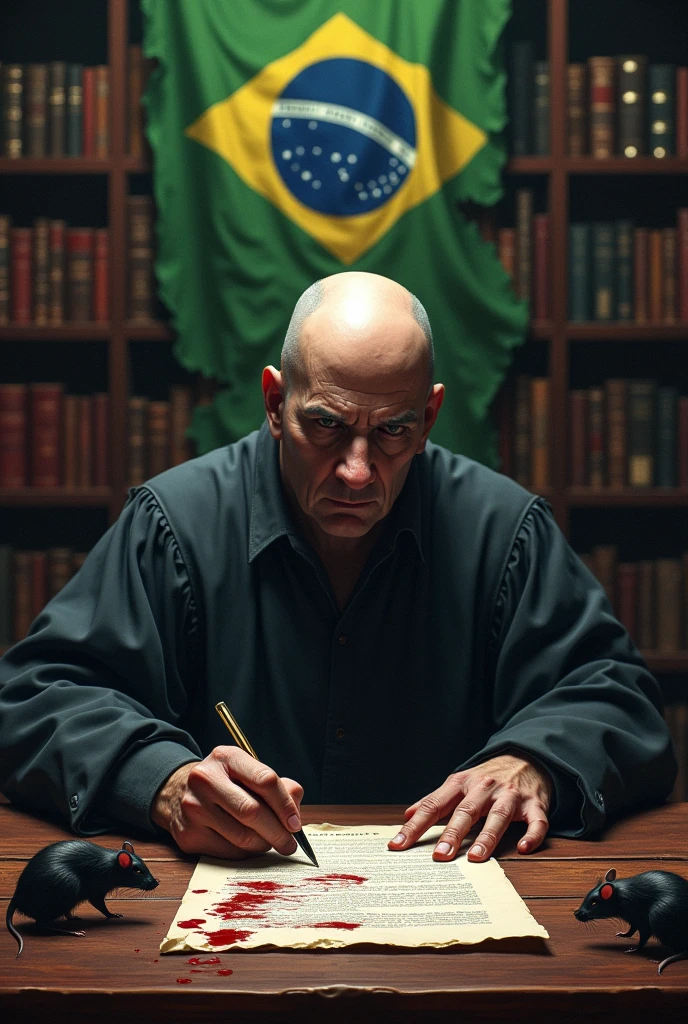 Create a very realistic and macabre scenario, where an authority is found in a judge&#39;s office , and this authority signs a bloodstained document on the table, rats run over the document , place a bookshelf with books behind the table with a torn Brazilian flag with the phrase &quot;lose mané&quot; written in blood ,behind this authority is completely bald and has a gloomy countenance 