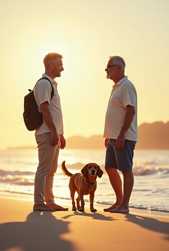 A man meeting a man on the beach with his dog