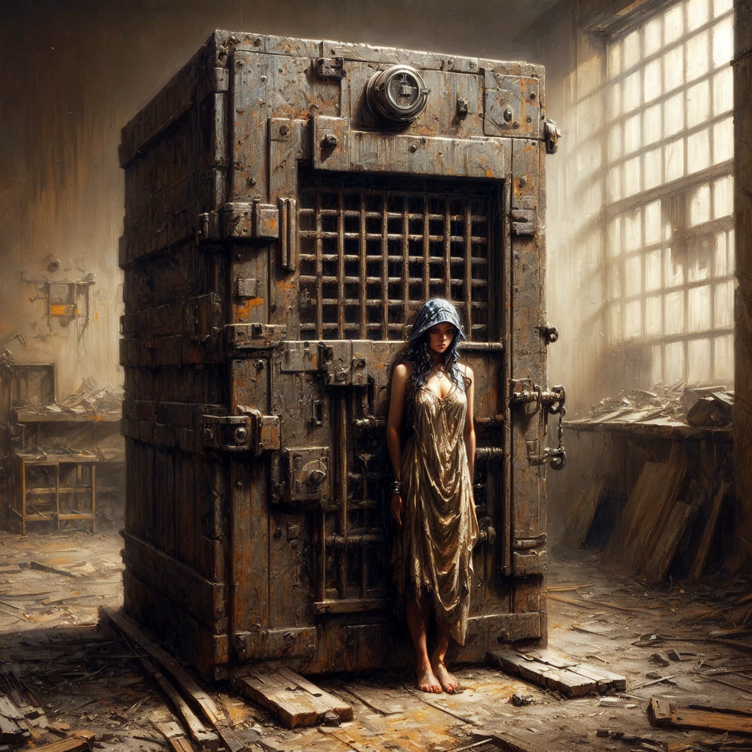 A handcuffed woman stands in a prison cell with a large metal door., von Lee Madgwick, Subscribe to, zdzislaw Subscribe to, Wojtek Beksinski McManus, by Peter Gric, inspired von Lee Madgwick, Tomasz Alen Kopera und CGSociety, Peter Gric und Dan Mumford