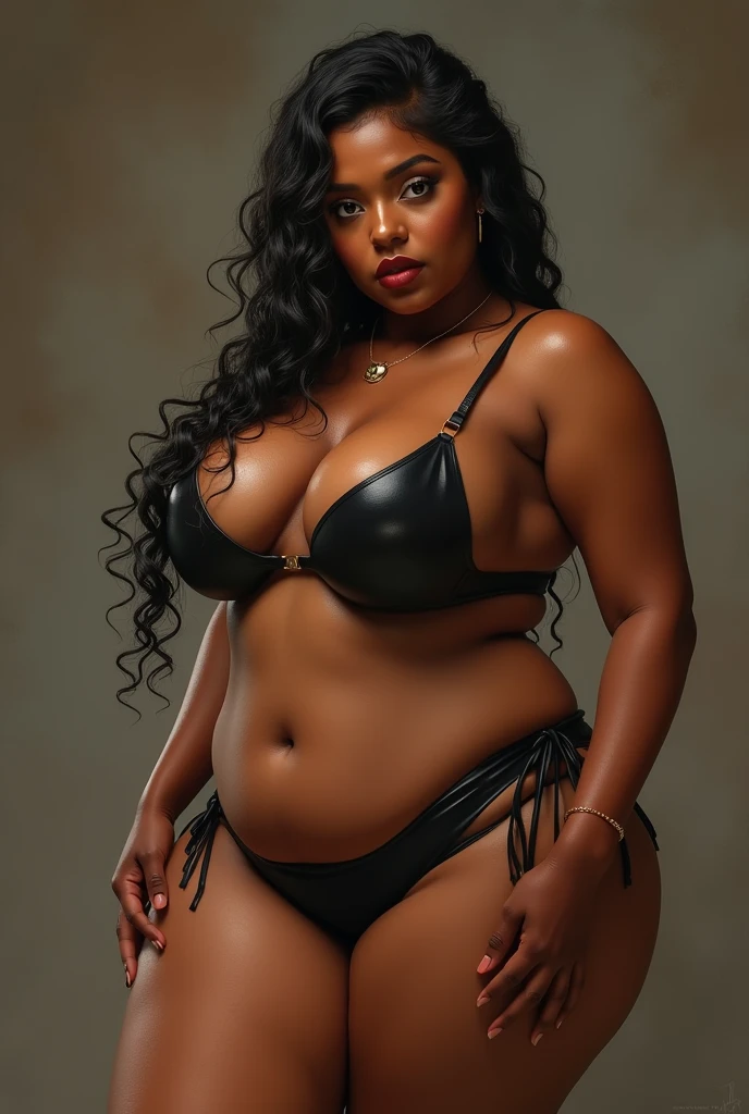 Bengali woman with a thick curvy body without a big belly, slight curly one braided haird touching hips, big juicy lips , big breasts , sweatty light brown skin and seductive look in bikini.