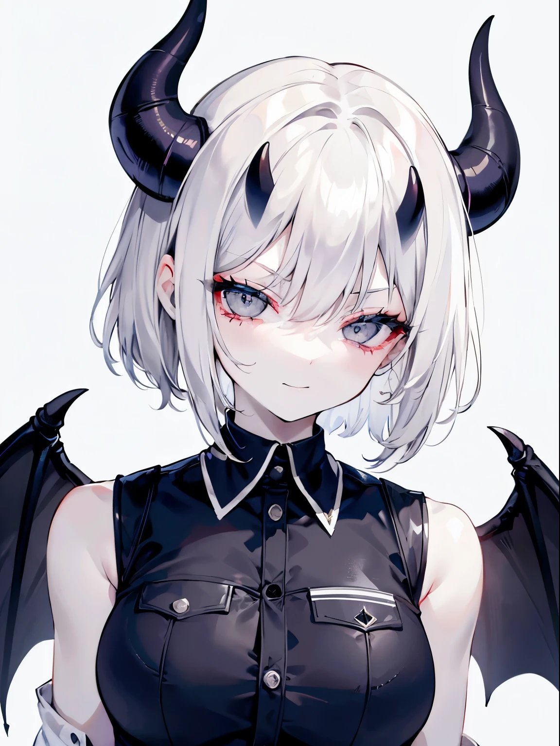 adult woman, White hair, (shoulder-length hair), ((grey eyes)), police uniform, cute face, Pretty appearance, anger, Fury, anger, Killer Look, sadistic smile, Demon Wings, lightning and wind, closed mouth, closed clothing, (((plain background))), (horns), Demon Girl, short hair