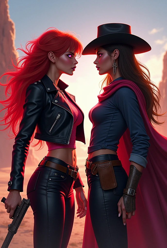 Jessie is a tall woman with long, fiery red hair and striking pink eyes. She has a smirking and superior expression, often exuding a sense of confidence and mockery. Her outfit consists of a black leather jacket with pink accents, dark leather pants, and she carries a magical deck of cards that she uses for her illusion magic. Jessie is manipulative, extroverted, and enjoys playing tricks on her enemies, often using her illusions as a form of mockery. She once killed a feline friend of one of the players right before their eyes to break their spirit and later trained that player's sister in the ways of magic to face him in the future.Jessie is known for being a manipulative and extroverted character who delights in toying with her opponents' minds. She frequently travels through the Wild West, leaving a trail of confusion and fear in her wake.Aurora is a woman standing 1.70 meters tall, with long brown hair that reaches her back, the ends of which are curled, and a distinct white streak in her fringe on the right side. Her eyes are a light shade of purple, radiating anger and power. Aurora has a mixed heritage, being both Mexican and American, which gives her skin a rich, warm tone. She wears a cowboy hat, a bandana around her neck, a dark blue long-sleeved shirt with pink adornments, dark pants, high boots, and a poncho draped over her right side, leaving her shirt partially visible. In her hand, she holds a deck of cards that are red in color, with a skull design on the back. The color red predominates in her magic.Aurora is a cold and intense person, carrying a deep-seated anger within her. She has a powerful presence, and her mixed heritage adds complexity to her character, reflecting both the American and Mexican cultures in her style and demeanor. i want them tw in the same picture