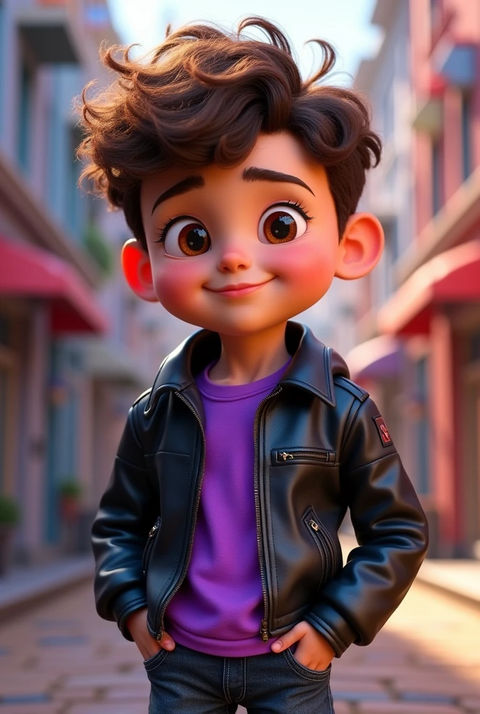 Animated 3d boy with brown curly in purple t shirt and black leather jacket