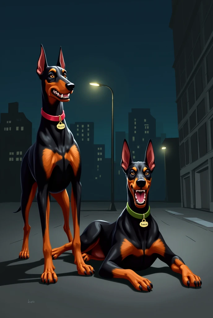 I want a realistic drawing where a Doberman dog with a red collar and a tag that says Bucker is standing next to a Doberman dog lying down and looking angry with a green collar that says Caillou., with a background of a city at night