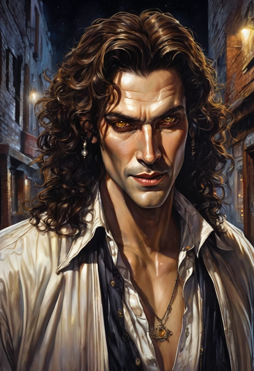 (good quality), (many details), (masterpiece), man in his early 30s, open shirt, jeans pants (cut out), trickster, broad hair in brown curls, bold, scar on eye, golden earring on left ear, talisman, hard face, at night in an alley, at the end of the alley a fair can be seen, realistic, vampire,