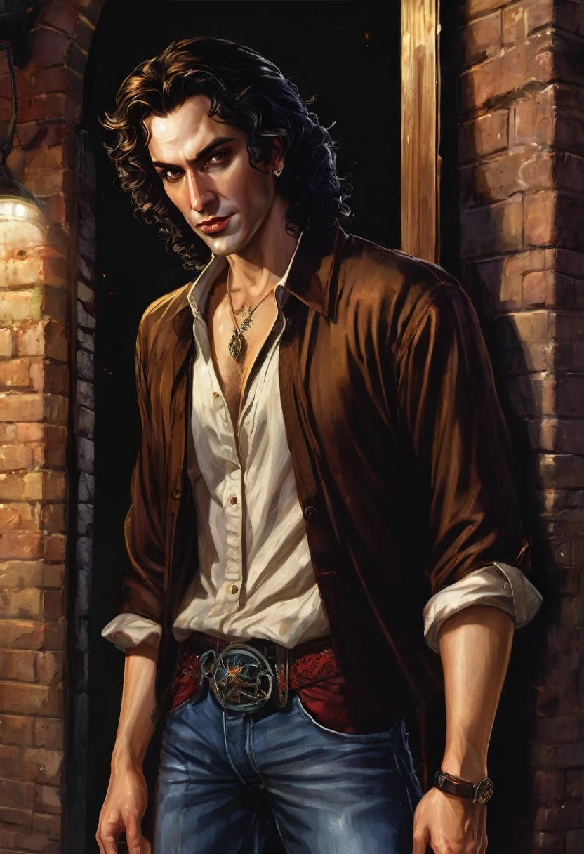 (good quality), (many details), (masterpiece), man in his early 30s, open shirt, jeans pants (cut out), trickster, broad hair in brown curls, bold, scar on eye, golden earring on left ear, talisman, hard face, at night in an alley, at the end of the alley a fair can be seen, realistic, vampire,