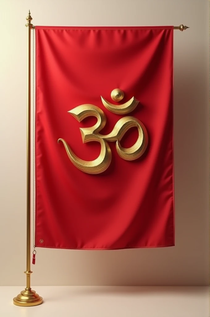 Make a realistic photo in with hindu flag on which om written in hindi and flag is of red colour royal