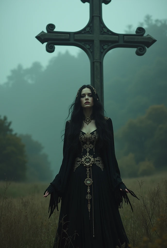 Lana del Rey dressed as a Wicca sect in front of a Southern Gothic Christian style sign that says "Has anyone else died for you?"