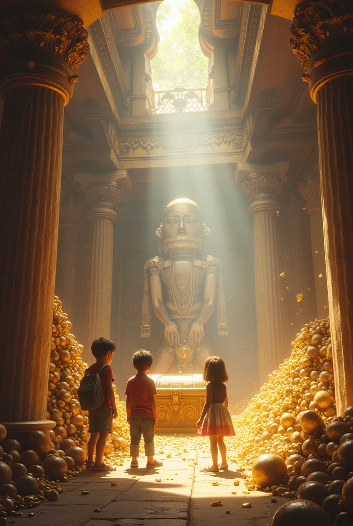 Two boys and a girl in a treasure room in the temple with the chest