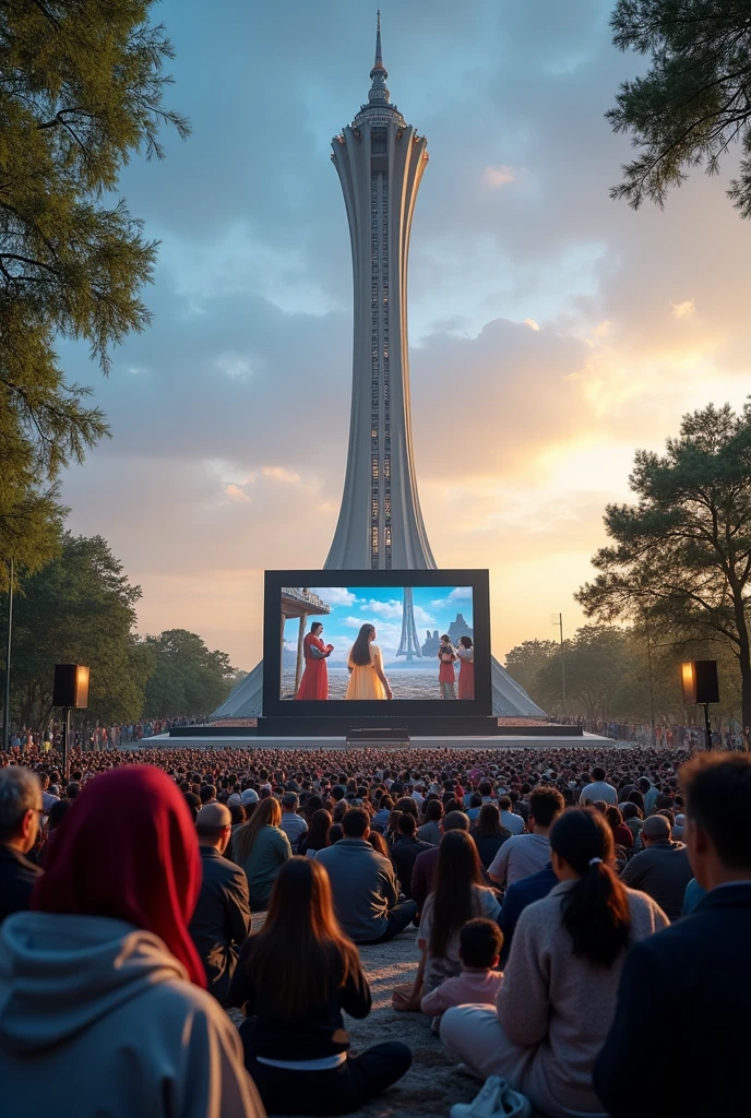 People are watching a drama in front of the TV tower of Uzbekistan