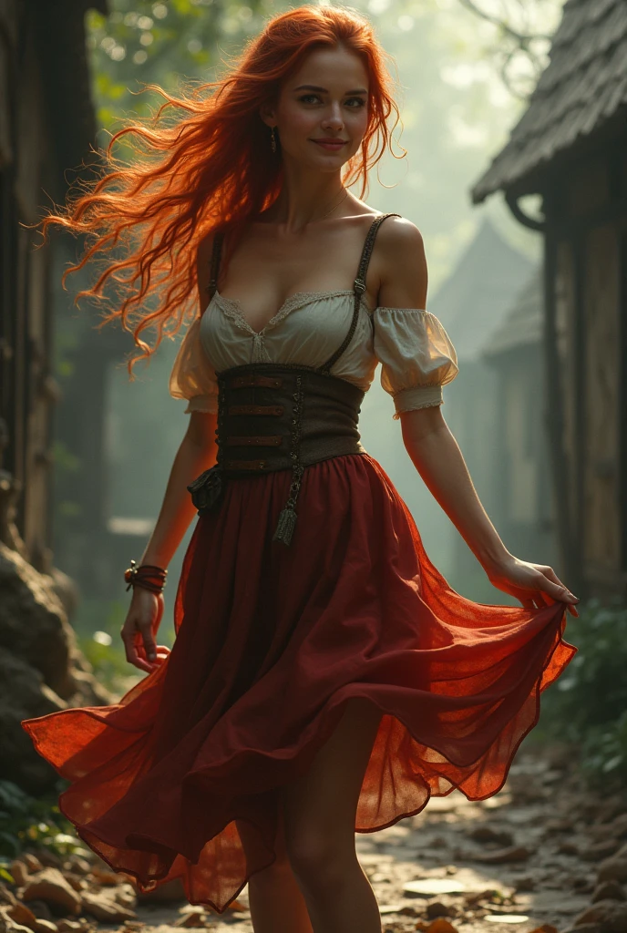 A beautiful and sexy peasant woman dress like a tavern wench, beautiful aquiline face detail, bright light eyes, full luscious lips, sexy eyeliner and eyeshadow, flirty smile, mischievous glint in her eye, detailed tiny perky cleavage, perfect legs, lithe body, wonderful and innocent energy, adventurous spirit, Lucious red hair, atmospheric fog, ambient light, rim light, a small medieval village, an overgrown forest, sexy dancing and twirling,