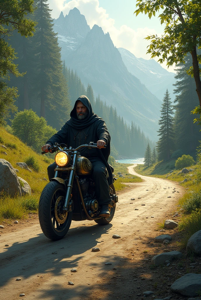 A wizard traveling by motorcycle on a long road in nature 