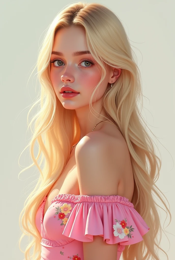 A blonde teenager with long, straight hair, pink sheath with flowers 