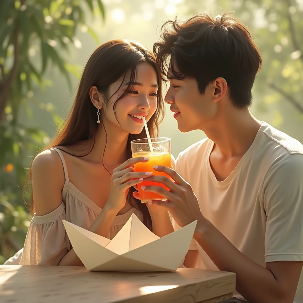 A woman trying a paper boat juice and enjoying it along with a man 