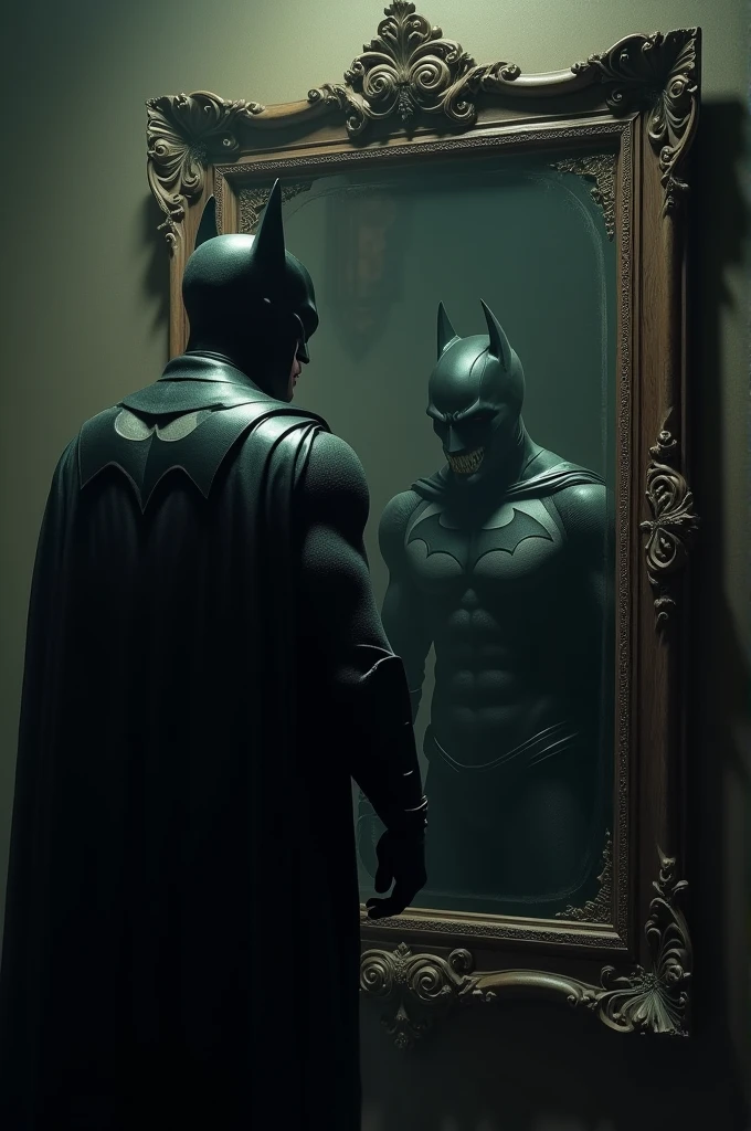 batman with his back looking in the mirror but his reflection in the mirror is not batman but it is jerome valeska laughing he became the reflection in the mirror