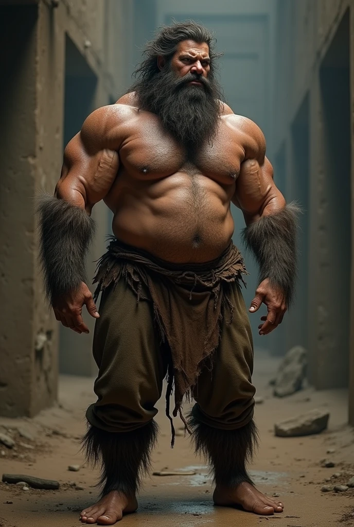 Muscular and hairy body of a mature man who is only wearing old pants and his body is turned to the side
