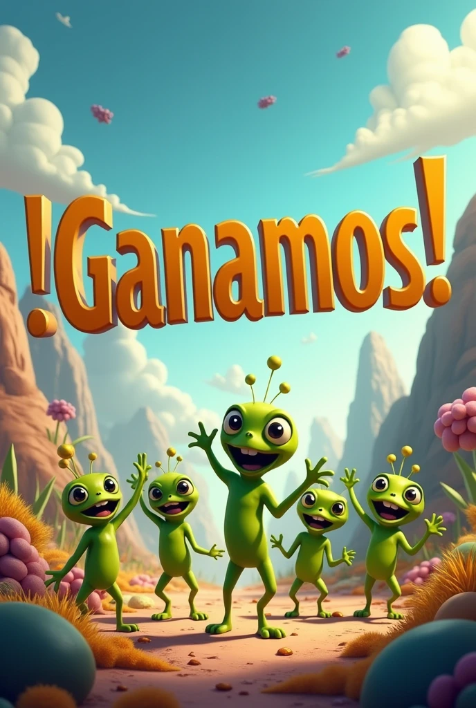 Image that only says the word in Spanish (I don't want in English) "WE WON!" And in the background, little green Martians from another planet