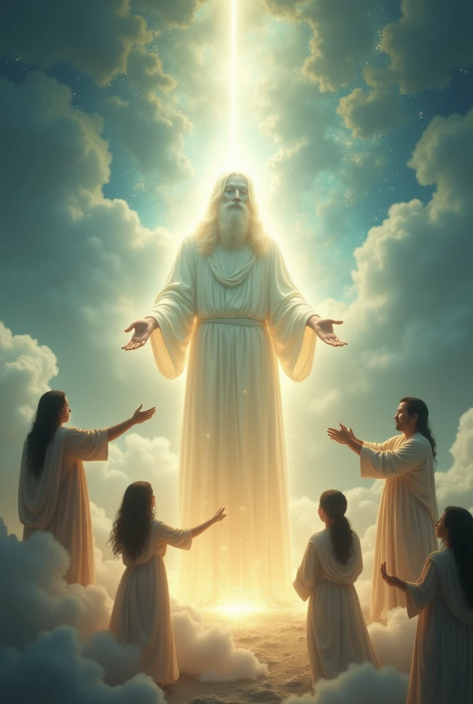 "Create a mystical and ethereal image depicting a spectral representation of God helping and molding people. In the scene, God should appear as a luminous, semi-transparent figure with a radiant, divine presence, casting a gentle, otherworldly light. The figure of God should be shown extending hands or emanating energy towards individuals who are in various stages of transformation or receiving guidance. These people, depicted in a state of awe and reverence, should be engaged in activities like building, learning, or healing. The background should be a dreamlike landscape with soft, flowing clouds, stars, or a subtle celestial glow, enhancing the mystical atmosphere. The overall composition should convey a sense of divine intervention and benevolence, with a focus on the spiritual connection between God and humanity."