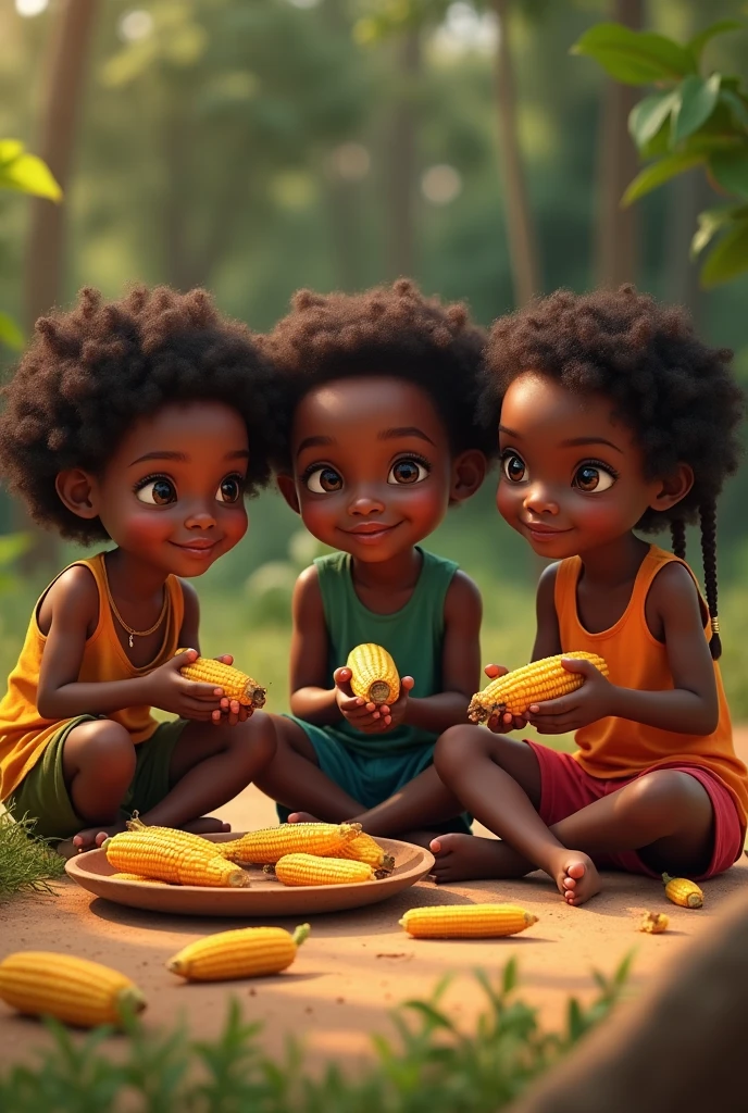 Three black African twins eating grilled corn on the ground