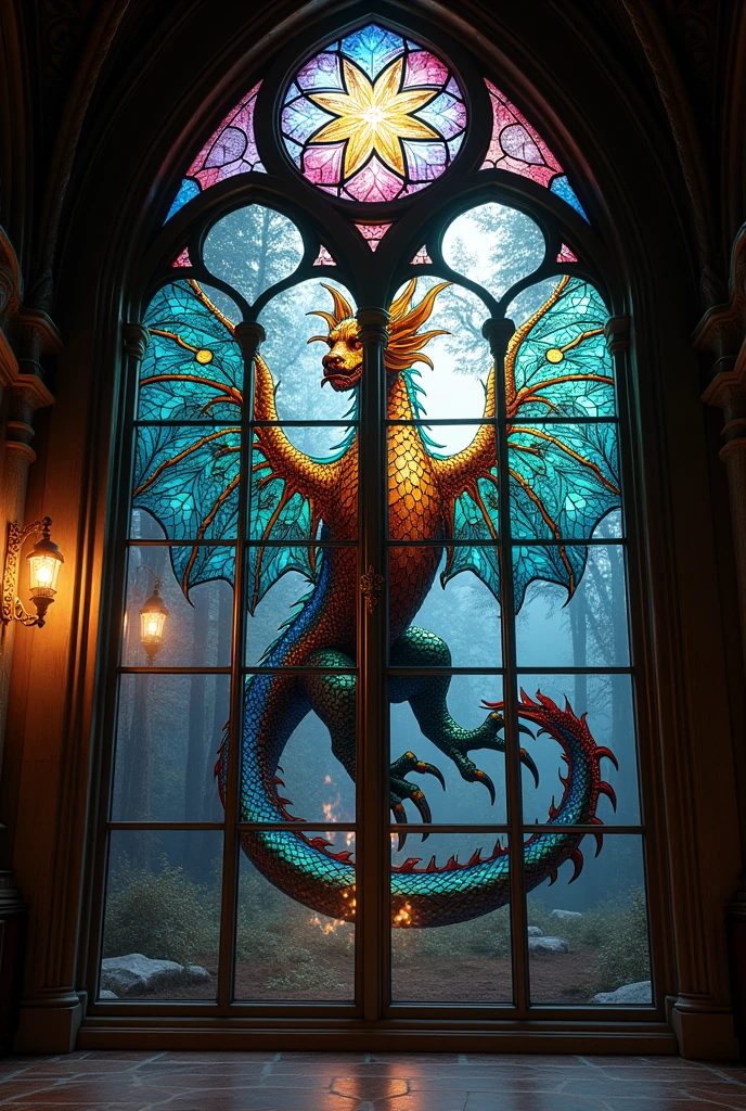 A stained glass dragon window, hyperrealistic, photo, atmospheric lights