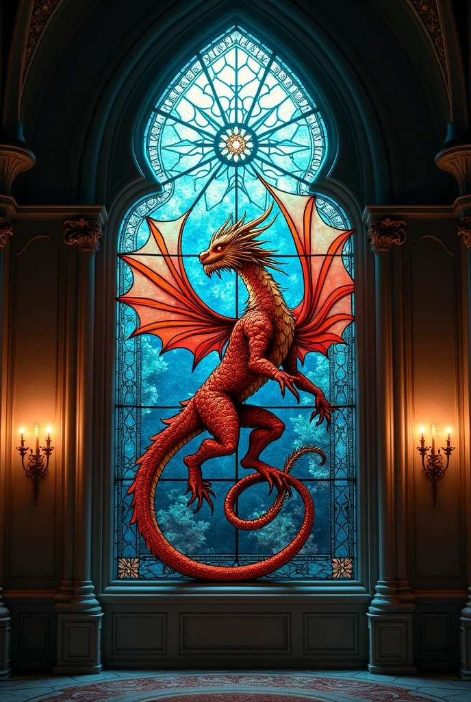 A stained glass dragon window, hyperrealistic, photo, atmospheric lights
