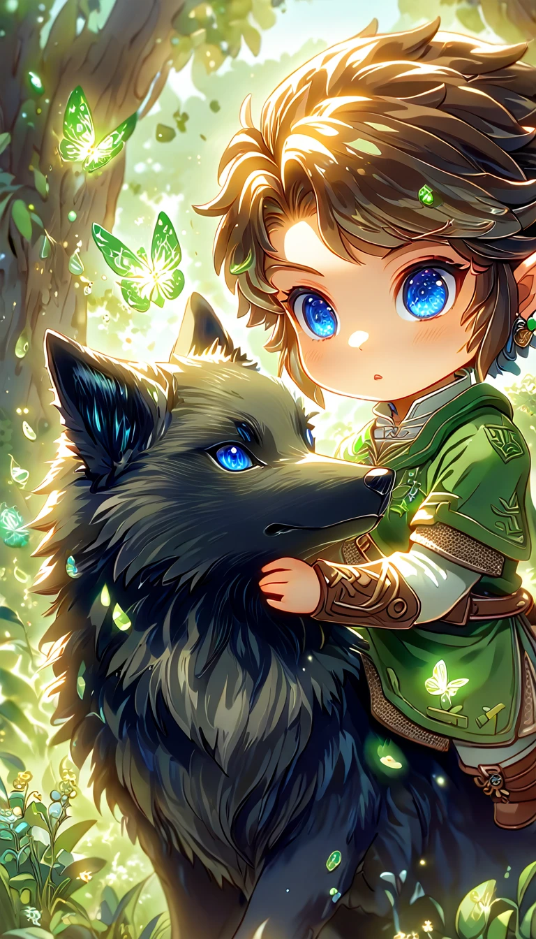 most absurd, highres, extremely detail, HDR, masterpiece, best quality, extremely detail, Chibi-Link, Brown hair, expressive blue eyes, the legend of zelda: Twilight Princess, Boy hugs a black wolf, adorable, small, Good looking, green tunic, Magikal, Fantasies, Magik, green fire, woods, glittering, green butterflies, green petals, green flowers