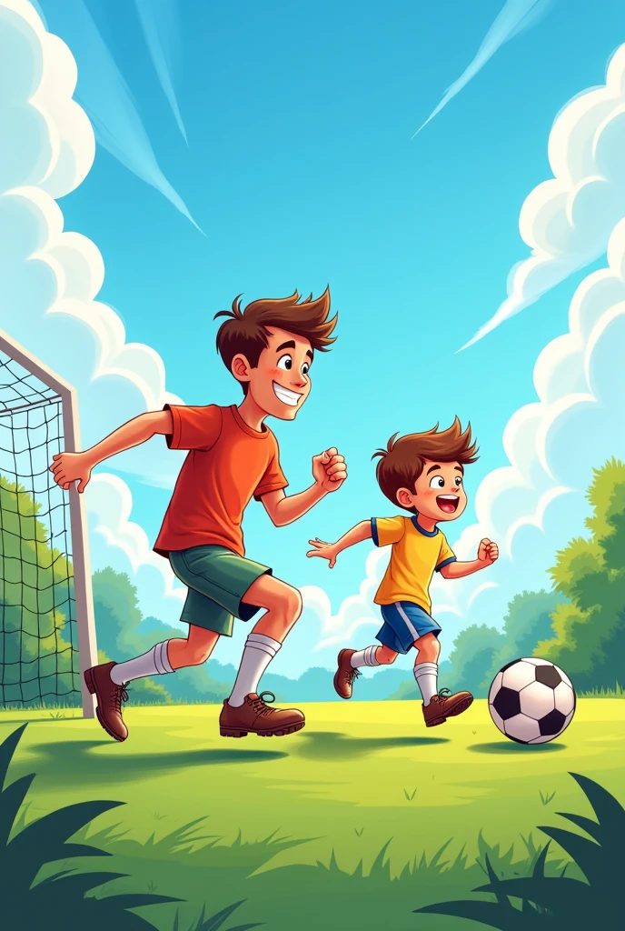 Cartoon poster of 35-year-old dad with his 10-year-old son playing soccer happily 