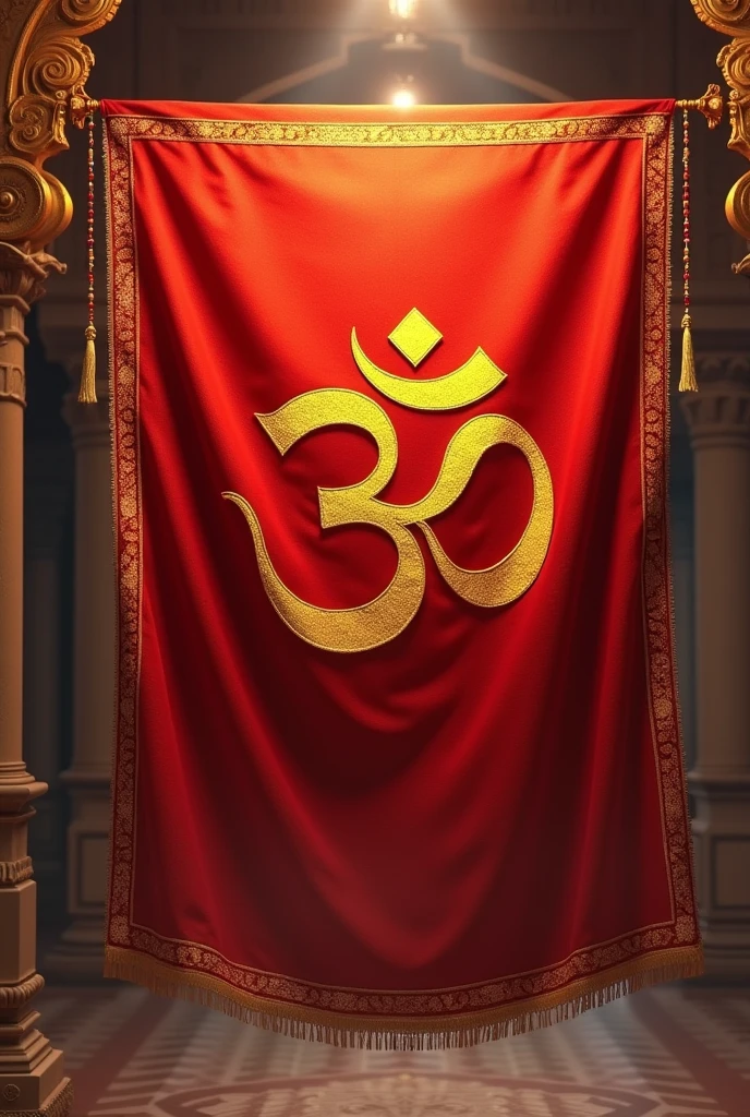 Make a realistic photo in with hindu flag on which om written in hindi and flag is of red colour royal look