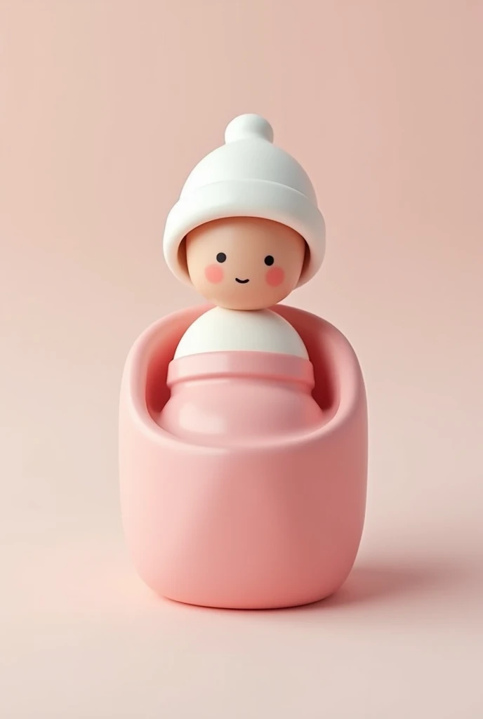 A play mobil toy figure with nothing but a face :)  without nose , no pink cheeks static  girl with white hat pink blanket with smiling face in a babyrier very basic simple design from 1990 without details almost minimalist