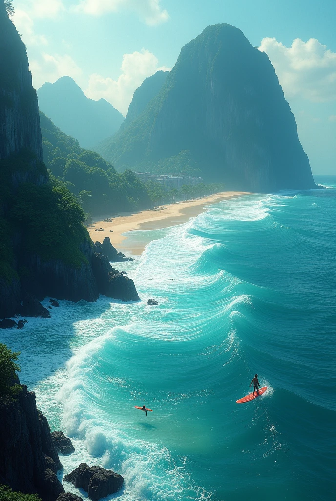 Extremely blue beach town, strong water full of waves. The place is quiet, just surfers on the waves . Mountains under water thai style
