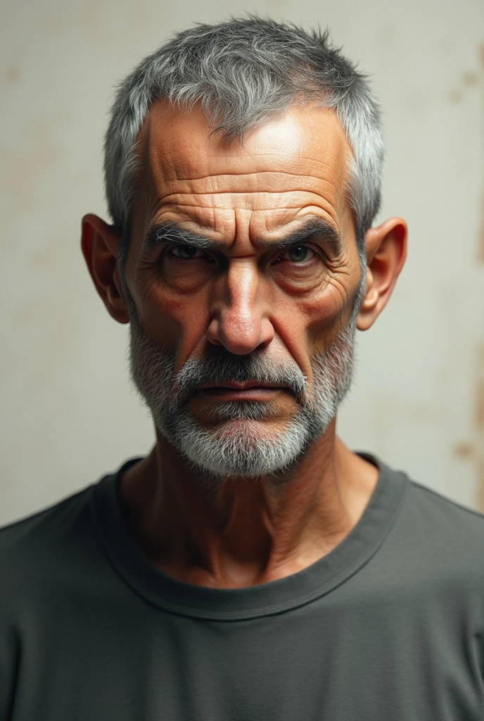old man, grey hair, grey top, no beard, strict