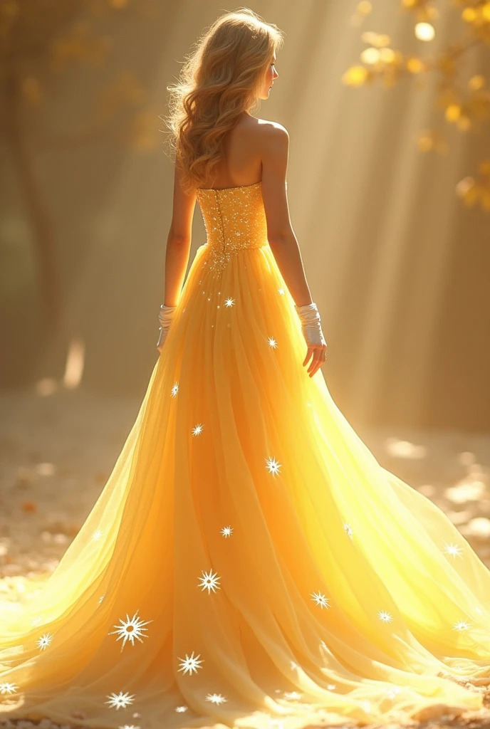 A light yellow dress with a long train, full of white sun details, wearing a white glove,very voluminous, with the person in front