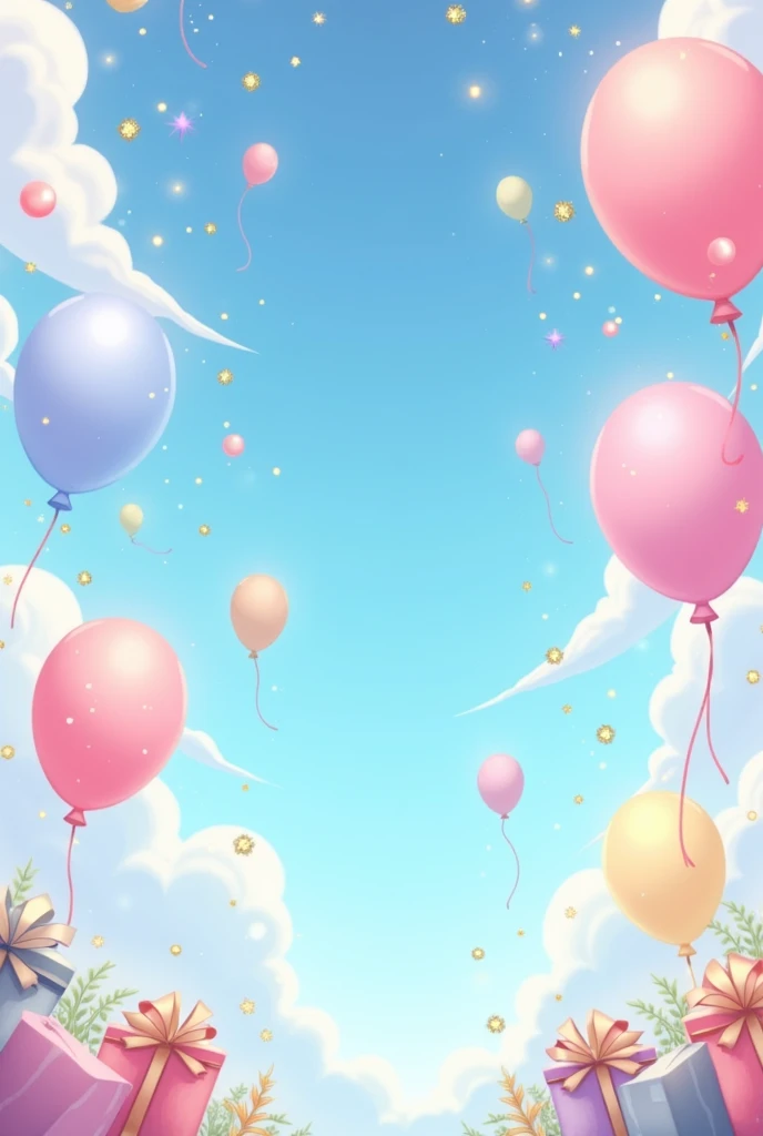 Sky,lots of pastel rainbow ballons everywhere,sparkle,white clouds,gifts,party,8k,best quality,masterpiece,high resolution,anime style.