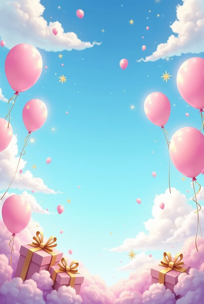 Sky,lots of pastel rainbow ballons everywhere,sparkle,white clouds,gifts,party,8k,best quality,masterpiece,high resolution,anime style.