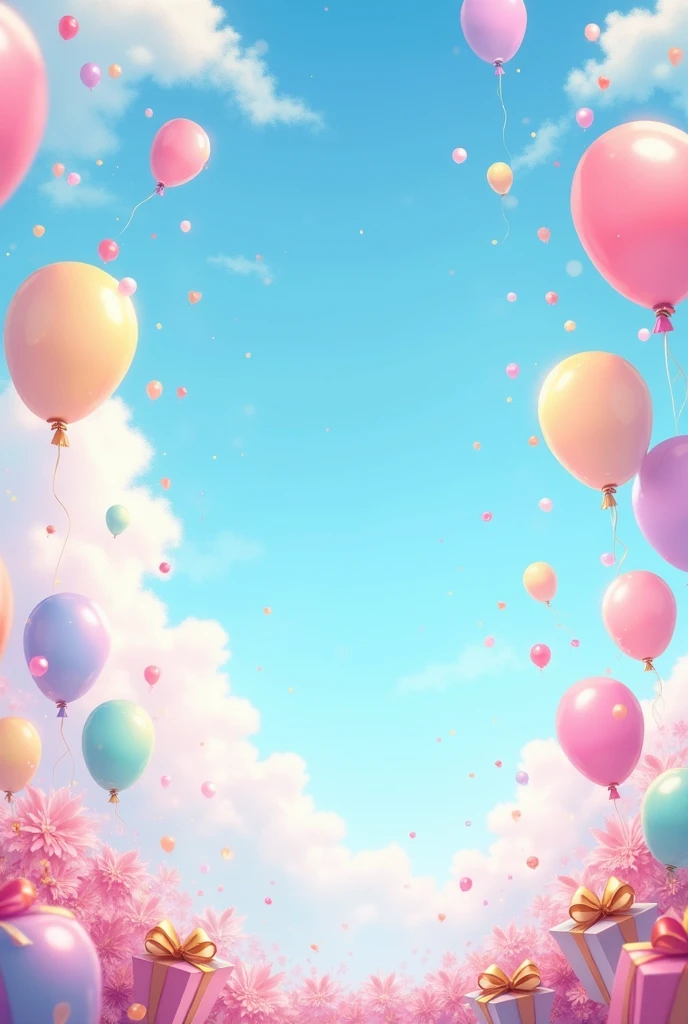 Sky,lots of pastel rainbow ballons everywhere,sparkle,white clouds,gifts,party,8k,best quality,masterpiece,high resolution,anime style.
