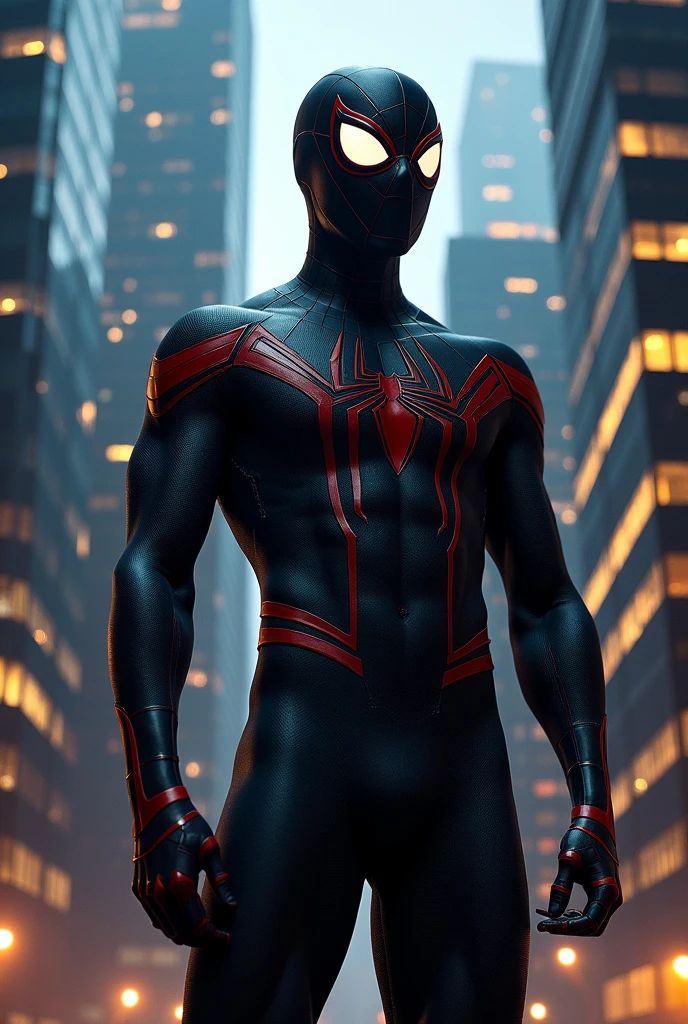 a highly detailed portrait of spider-man, dressed in a black costume, standing tall against the backdrop of a retro-style skyscraper, hyper-realistic, super detailed, perfect composition, sharp focus, studio photo, intricate details, vivid colors, dramatic lighting, cinematic perspective, comic book style, masterpiece