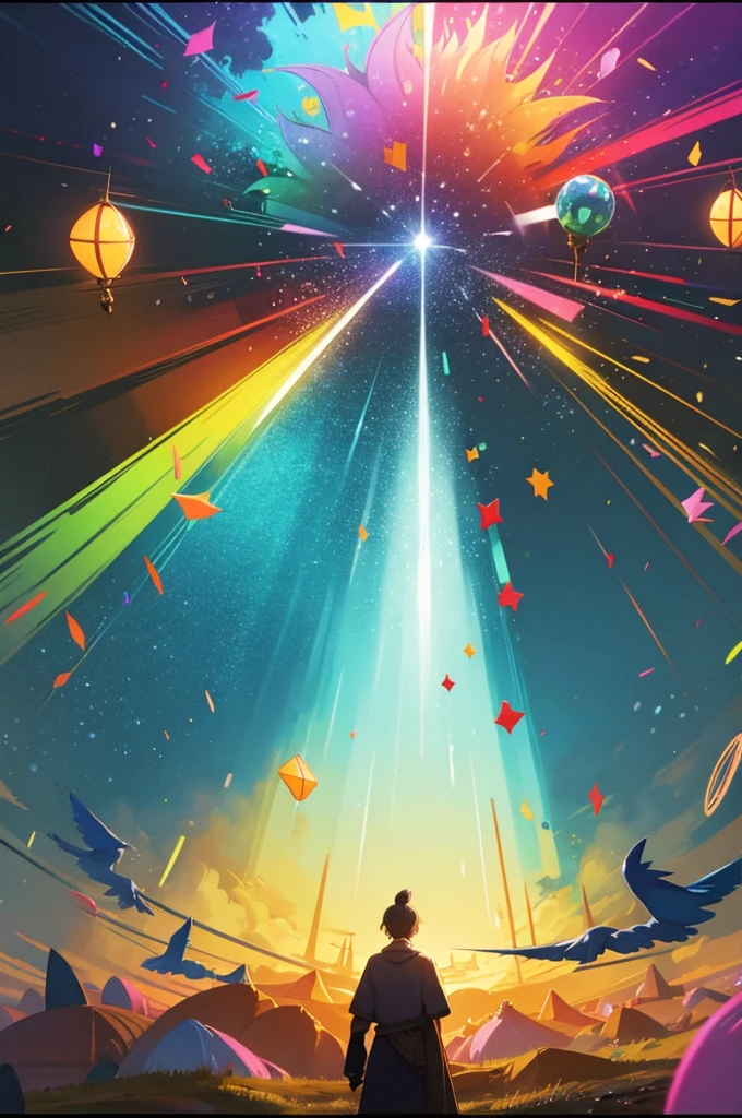 A vibrant and magical scene depicting a 'World of Curiosities'. The setting is a fascinating planet full of intriguing and educational elements.. At the center, there is a large floating sphere made up of open books, mechanical gears and terrestrial globes, symbolizing knowledge and discovery. Around this sphere, there are thematic areas with varying details: a forest of technological inventions, a city of ancient artifacts, a cave lit up with glowing minerals and fantastic creatures, and an ocean of mysteries with islands of curious facts. The sky is a kaleidoscope of constellations and geometric patterns, and the atmosphere is illuminated by a magical light that highlights the wonder and diversity of the world. Additional details may include imaginative creatures, like curious dragons or exploring robots, to add a touch of fantasy and dynamism to the setting