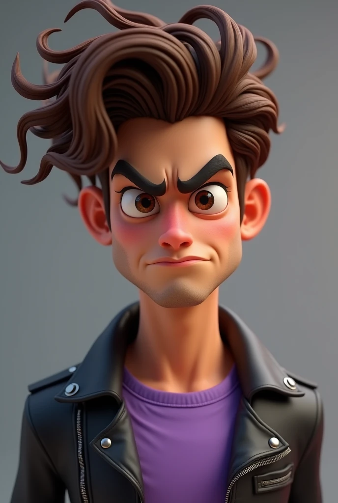Animated 3d mean young man with brown curly in purple t shirt and black leather jacket